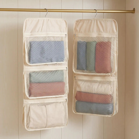 Game Changer 2 Pack Mesh Hanging Closet Storage Organizers Beige Foldable Bra And Sock Storage Pockets Anti Tangle Wardrobe Bags hanging with organized items.