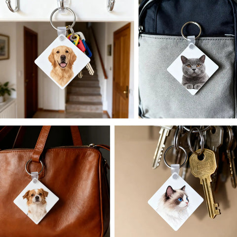 Bulk Sublimation Keychain Blanks Set For Heat Press DIY Projects Double Sided MDF 40 Blanks displayed with pet images