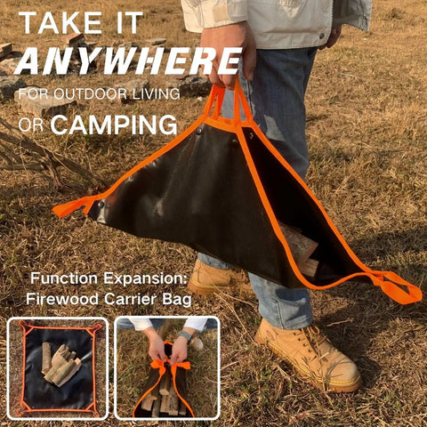 Man carrying firewood in Beefy Built Dual Sided Fireproof Mat For Under Fire Pit 32 By 32 Inch Heat Resistant Camping Mat.