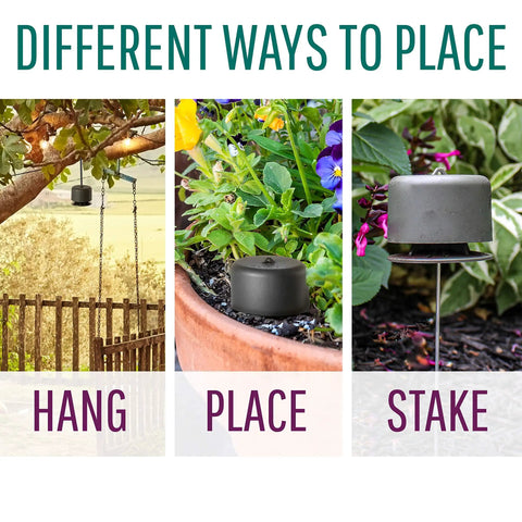 Deer Repellent Stations For Outdoors, 6 Waterproof Stakes For Gardens And Lawns, All Season Protection, Odorless To Humans Yet Drives Deer Away, Easy To Install Yard Guard, 6 Pack being hung, placed, and staked