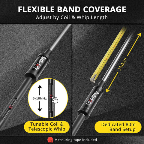 Portable 10 Band HF Antenna For Ham Radio On The Go Vertical Multiband 80m To 6m Antenna with measuring tape and coil.