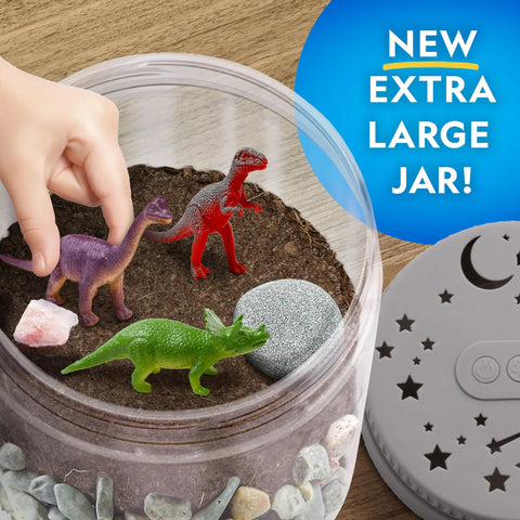 Light Up Dino Terrarium Science Kit For Kids With Multicolor LED Light And Eight Settings, Build A Colorful Mini Dino World, Decorate With Figurines, Rocks, And Stickers, Plant Seeds, Watch It Grow And Glow, extra large jar