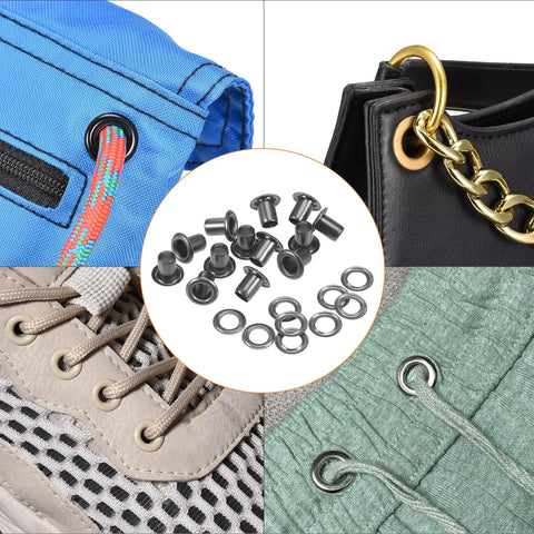 Must-Have Copper Grommets Eyelets With Washers Kit 8x4x7mm; uses in shoes, leather bags, tents, and fabric shown