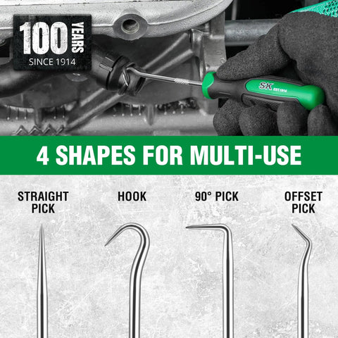 4-Piece Hook And Pick Set With Hardened Steel Shafts And Chrome Plated Finish For Anti Rust Durability, Ultra Fine Tips, Includes Straight Pick, Offset Pick, 90 Degree Pick, And Hook For Precision Repair And Detail Work, shown with 4 shapes