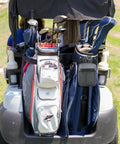 Durable Nylon Golf Pouch With Clip, Multi Pocket Organizer for Phone, Balls, Tees attached to golf bag on cart