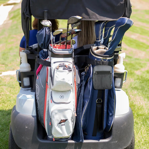Durable Nylon Golf Pouch With Clip, Multi Pocket Organizer for Phone, Balls, Tees attached to golf bag on cart