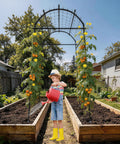Child watering plants under Heavy Duty Garden Arch Trellis For Climbing Plants With Adjustable Width Sturdy Metal Plant Support
