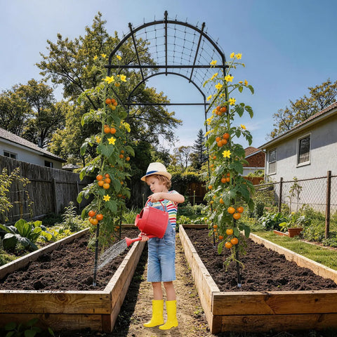 Child watering plants under Heavy Duty Garden Arch Trellis For Climbing Plants With Adjustable Width Sturdy Metal Plant Support