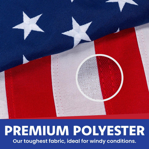 Close-up of Premium 5x8 American Flag Built Tough For All Weather Outdoors Heavy Duty PolyMax Polyester with embroidered stars