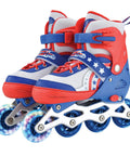 Red and blue LED Light Up Inline Skates For Kids With Three Adjustable Sizes, durable roller blades featuring light-up wheels.