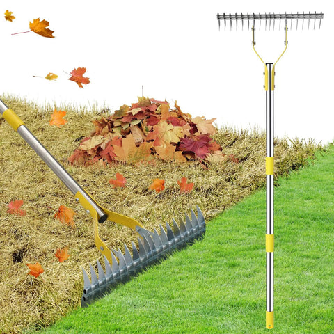 2 In 1 Thatch Rake And Leaf Rake Stainless Steel Lawn Dethatcher With 19 Tines And 15 Inch Wide Head on grass