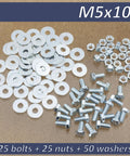 Easy Peasy M5 Steel Hardware Bundle With 25 Ten Millimeter Hex Bolts 50 Wide Washers And 25 Secure Nuts on a table.