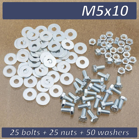 Easy Peasy M5 Steel Hardware Bundle With 25 Ten Millimeter Hex Bolts 50 Wide Washers And 25 Secure Nuts on a table.