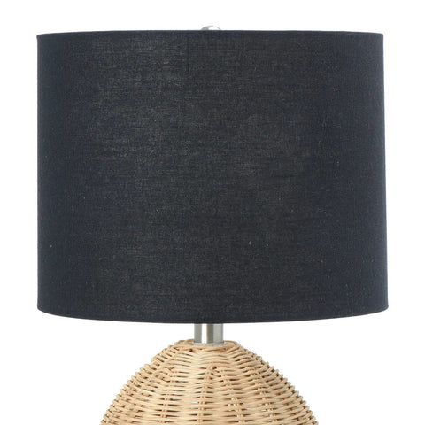 Boho Woven Rattan Table Lamp With Black Linen Shade In Natural Finish, shown close-up of shade and rattan orb base