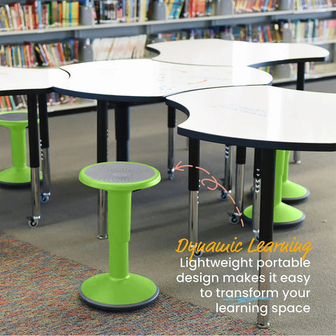 SitWell Wobble Stool With Adjustable Height For Active Seating In Classrooms And Libraries Grassy Green near tables