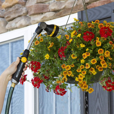 RelaxGrip 8 Pattern 16 Inch Pivoting Wand Bundle With Ergonomic Thumb Control Metal Nozzle Easy Watering Arthritis Sufferers Adjustable Pivoting Head No Sweat Spraying Durable Black And Yellow Garden Hose Sprayer watering hanging flowers.