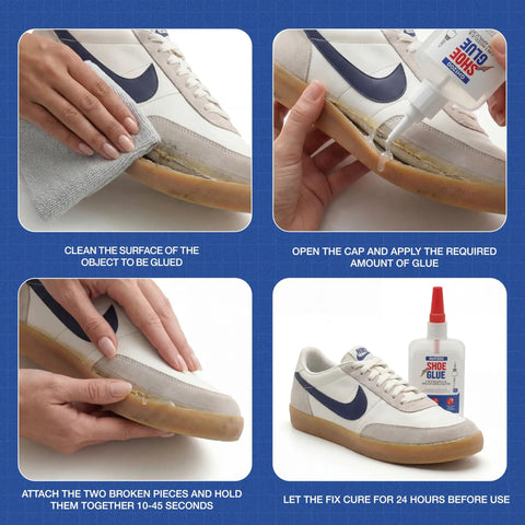 Heavy Duty Shoe Glue With Built In Brush And Precision Nozzle For Sneakers, Boots, Heels, Crocs And More Ultra Strong Bond Flexible Repair Works Under Extreme Conditions demonstrated with sneakers.