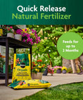 Bag of Organic Outdoor Potting Mix For Container Plants With Quick Release Natural Fertilizer, 16 Qt size on patio.