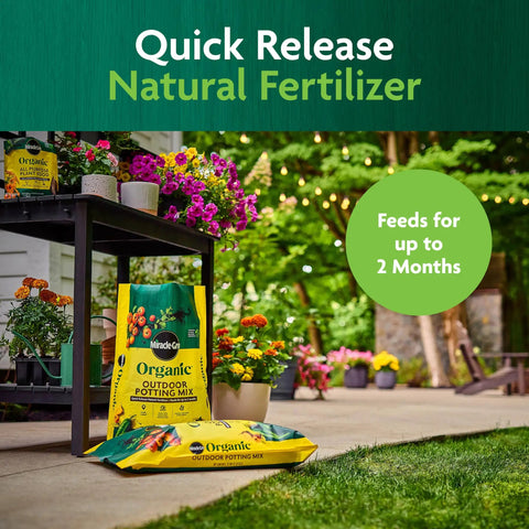 Bag of Organic Outdoor Potting Mix For Container Plants With Quick Release Natural Fertilizer, 16 Qt size on patio.