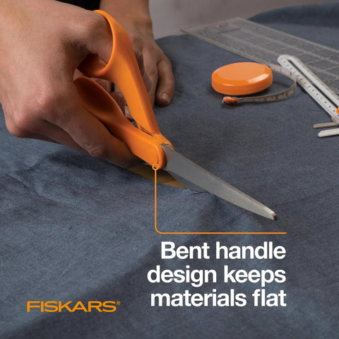 Orange Handle Stainless Steel Scissors For All Purpose Cutting Ergonomic Design Sharp Blades in use on fabric