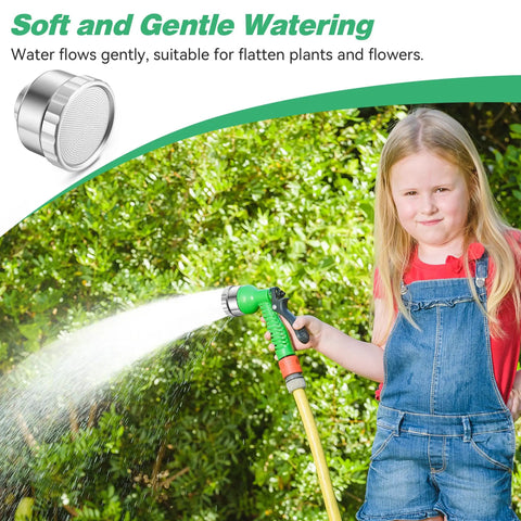Girl using 3/4 Inch Aluminum Garden Hose Shower Head With 3000 Hole Mist Nozzle for gentle plant watering