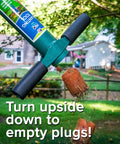Five In One Lawn And Garden Tool For Easy Planting And Weeding Bulb Planter Sod Plugger Weeder Annual Planter And Soil Tester Dig Two One Eighth Inch Holes Quickly From A Comfortable Standing Position No Bending Over With Soil Storage, shown upside down with soil plugs.