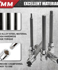 Four S2 alloy steel hex sockets from the Three Eighths Inch Drive Extra Long Allen Hex Socket Set, 19 Piece SAE And Metric, arranged vertically.