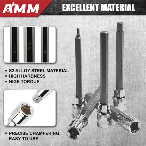 Four S2 alloy steel hex sockets from the Three Eighths Inch Drive Extra Long Allen Hex Socket Set, 19 Piece SAE And Metric, arranged vertically.
