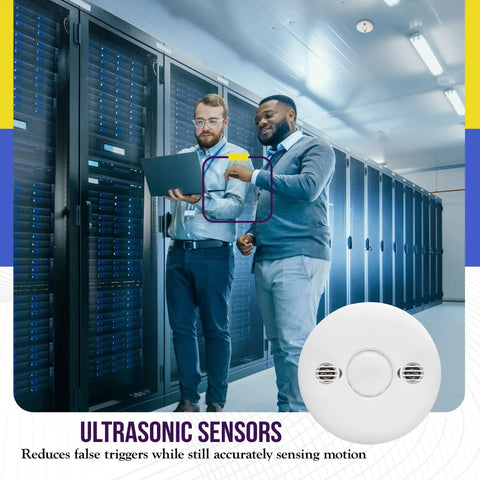 Dual Tech Ultrasonic And PIR Occupancy Sensor With 360 Degree Coverage 1600 Sq Ft Range Low Voltage Commercial Grade Ceiling Sensor