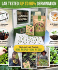 15 Variety Lettuce And Salad Greens Seeds Pack With 17700 Plus Non GMO Heirloom Seeds for Indoor Outdoor Gardeners shown with sprouts and packaging.