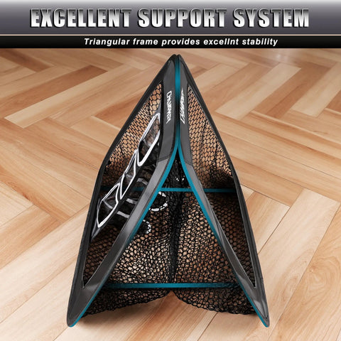 Double Sided Golf Chipping Net With Tri Turf Hitting Mat And 12 Foam Golf Balls, showing triangular support frame on wood floor.