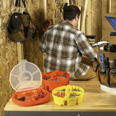 Stacker Small Parts Organizer For 5 Gallon Buckets With Four Compartments Nests Four Deep In Most 5 Gallon Buckets Molded Center Handle Bright Yellow Today with tools and fasteners on workbench