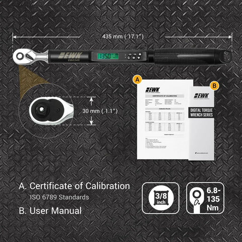 Three Eighths Inch Drive Digital Torque Wrench With LED Display and Buzzer Alert on metal surface, includes user manual