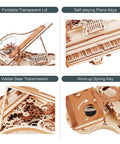 3D Wooden Piano Puzzle Kit For Adults, 223 Pieces, one-20 scale wooden self-playing piano with clear lid and gears