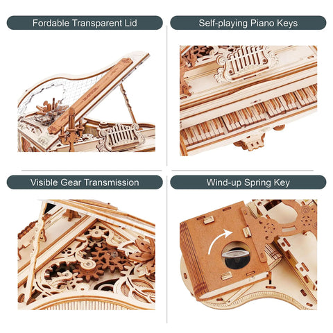 3D Wooden Piano Puzzle Kit For Adults, 223 Pieces, one-20 scale wooden self-playing piano with clear lid and gears