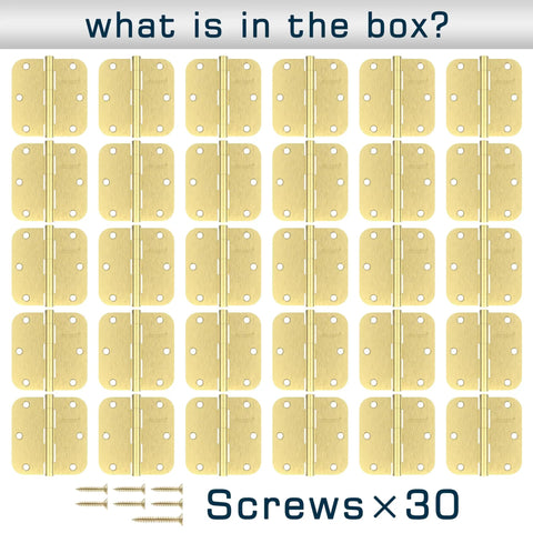 30 Pack Boss Level Brushed Gold Door Hinges 3.5 Inches shown in a grid with included screws for installation.