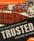 Illustration of mechanics in a hardware store with text emphasizing Dorman's 100-year trust in wheel hardware products.