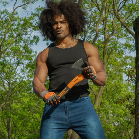 Person holding Compact Outdoor Camp Hatchet For Splitting And Kindling Wood With Forged Steel Blade Anti Slip Shock Reduction Handle