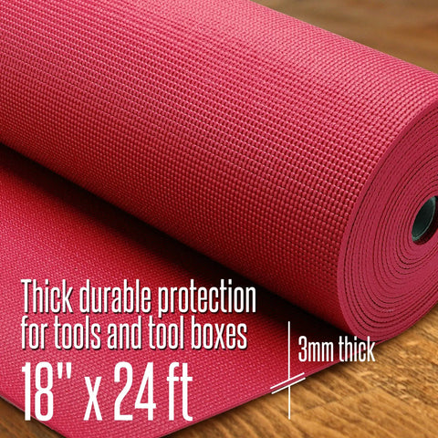Heavy Duty Tool Box Liner 18 Inch By 24 Feet 3 mm Thick Stay Put Surface That Grips Tools And Keeps Them Protected And Organized For Garage Shelves Tool Chest And Cabinets Red in a roll.