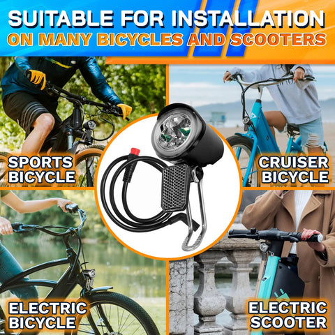 Ebike Headlight With 2 Pin Waterproof Connector For 6 To 60V Systems, Easy To Install LED Light With Stainless Steel Bracket, 20 Lm Output, Weather Resistant For Night Riding