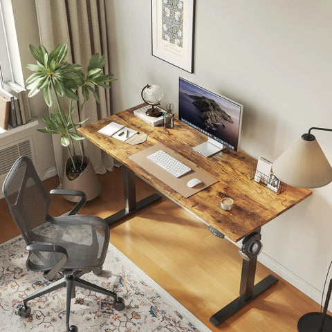 Agilestic Height Adjustable Electric Standing Desk, 55x24 Inch Desktop, Rustic Brown Finish With Advanced Motor System in home office setup.