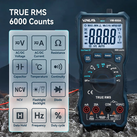 TRMS Digital Multimeter With NCV Auto Ranging VM600A 750V AC 1000V DC 20A for DIYers and pros, showing functions and display