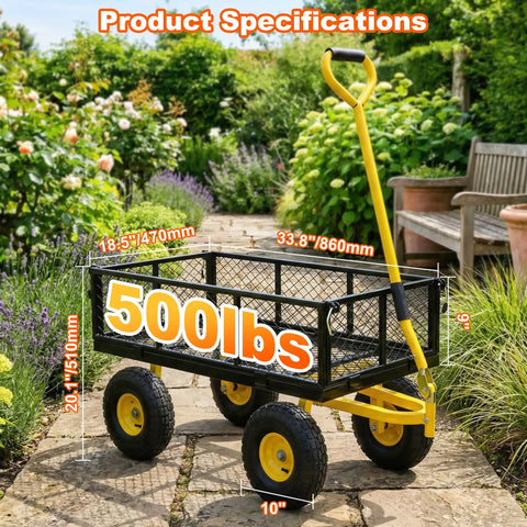 Rugged 500 Lb Capacity Heavy Duty Garden Cart With Steel Frame Adjustable Rotating Handle 10 In All Terrain Tires in garden setting