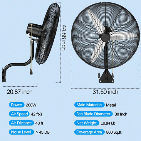 30 Inch High Velocity Wall Mount Fan With 11200 CFM Beastly Airflow For Garage Patio And Workshop, side and front view with dimensions