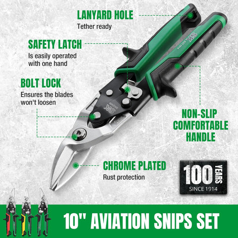 Three Piece Aviation Tin Snips Set With Left Right And Straight Cut For Sheet Metal, Drop Forged Cr-Mo Steel Blades With Serrated Edges
