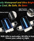 Lit LED Bike Wheel Lights For Night Rides Waterproof with manual switch and motion sensor, showcasing 28 RGB LEDs