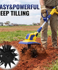 Cordless Garden Tiller Cultivator With 720 RPM Power in use on soil, showing dual blades for easy deep tilling, yellow and blue design.