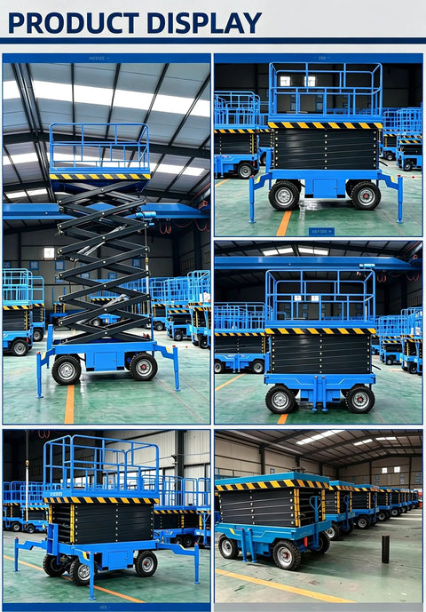 14 Meter Mobile Scissor Lift Heavy Duty Industrial Aerial Work Platform shown from multiple angles in a warehouse setting.