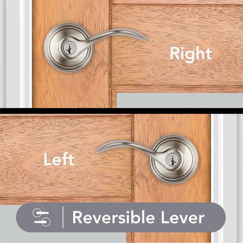 Entry Door Handle With Reversible Lever And Keyed Lock Featuring SmartKey Rekey Technology And Microban Protection In Satin Nickel
