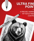Premium Ultra Fine Permanent Markers In Black Offer A Solid Twelve Pack Kit With Fast Dry Ink, showcasing ultra fine point tip on bear sketch.